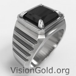 Модное серебряное мужское кольцо с черным камнем - мужские кольца